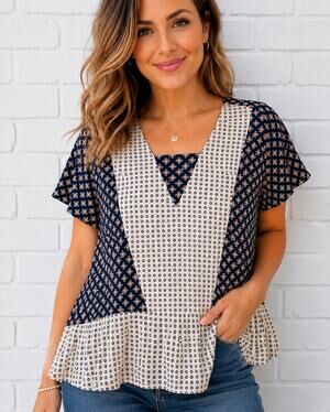 en elle XL Boho Peplum Blouse Navy Cream Geometric Print V-Neck Short Sleeve USA